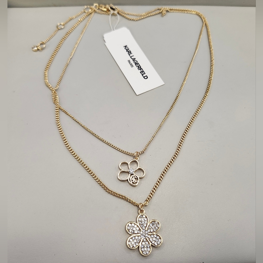 NWT Karl Lagerfeld Gold-Tone Crystal Flower Two-Row Necklace